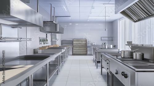 Obraz na płótnie Commercial kitchen: Stainless steel surfaces, cooking equipment, and ventilation hoods in a restaurant setting. w salonie
