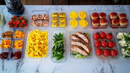 Obraz na płótnie Colorful meal prep containers with protein, vegetables, sides for healthy eating on a light surface. w salonie