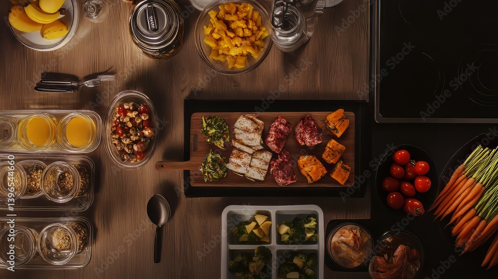 Freshly prepared meal prep containers and snacks are laid out on a dark wood table for healthy eating.