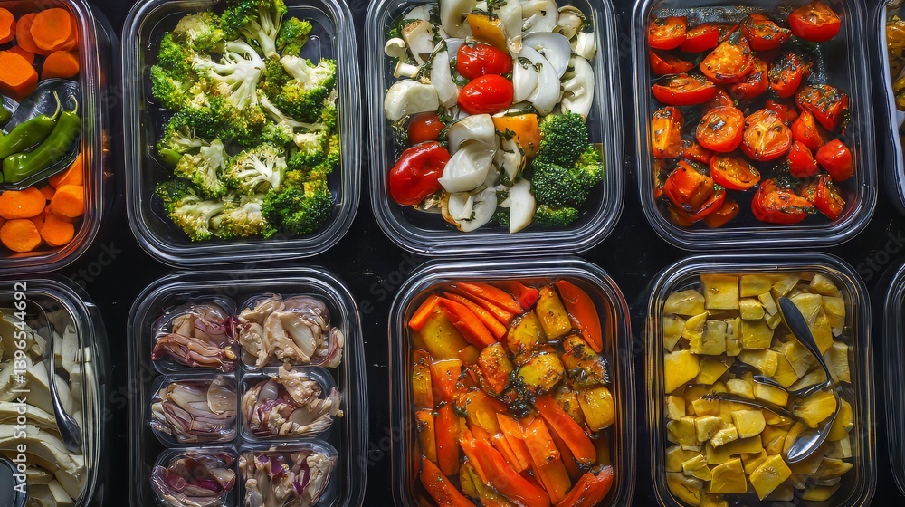 Meal Prep: Colorful vegetables including broccoli, carrots, peppers and tomatoes stored in containers.