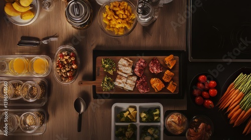 Obraz na płótnie Freshly prepared meal prep containers and snacks are laid out on a dark wood table for healthy eating. w salonie