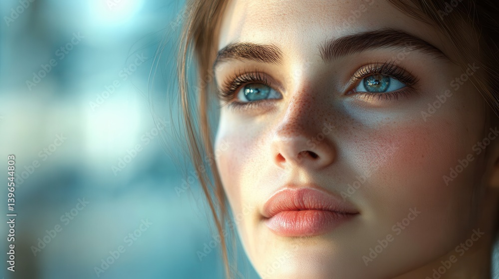custom made wallpaper toronto digitalA close-up portrait of a young woman with striking blue eyes, natural makeup, and a serene expression, set against a softly blurred background.
