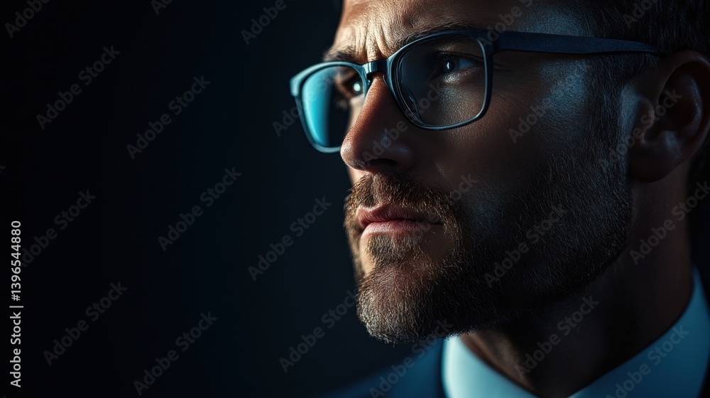A sharp-dressed man in glasses gazes intensely, showcasing a strong profile against a dark background, conveying confidence and determination. A sharp-dressed man in glasses gazes intensely, showcasing a strong profile against a dark background, conveying confidence and determination.