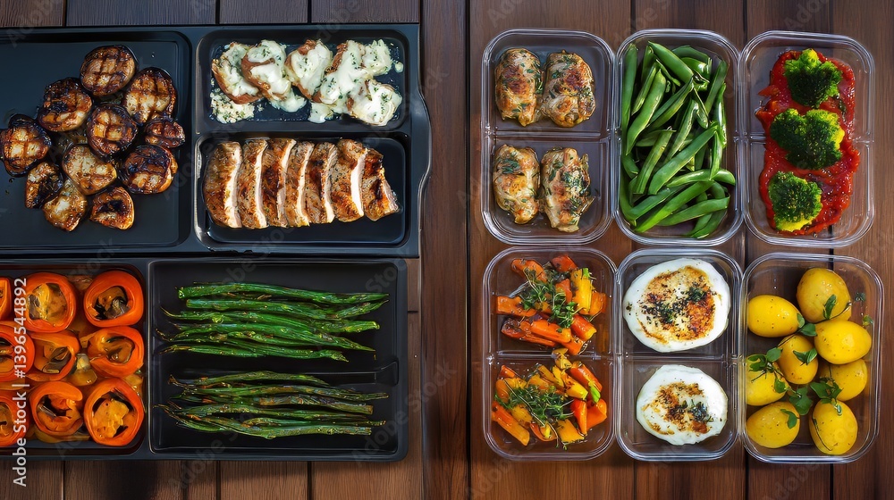 Prepared meal containers with roasted vegetables, chicken, cheese, and sides for healthy eating.