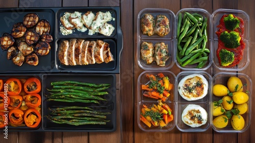 Obraz na płótnie Prepared meal containers with roasted vegetables, chicken, cheese, and sides for healthy eating. w salonie