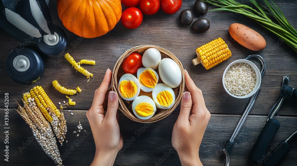 Healthy Harvest: Hands holding basket of boiled eggs surrounded by fresh vegetables on a wooden table.