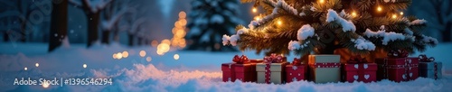 Glimmering tree, presents piled at base, snowy scene ,  new year,  winter photography