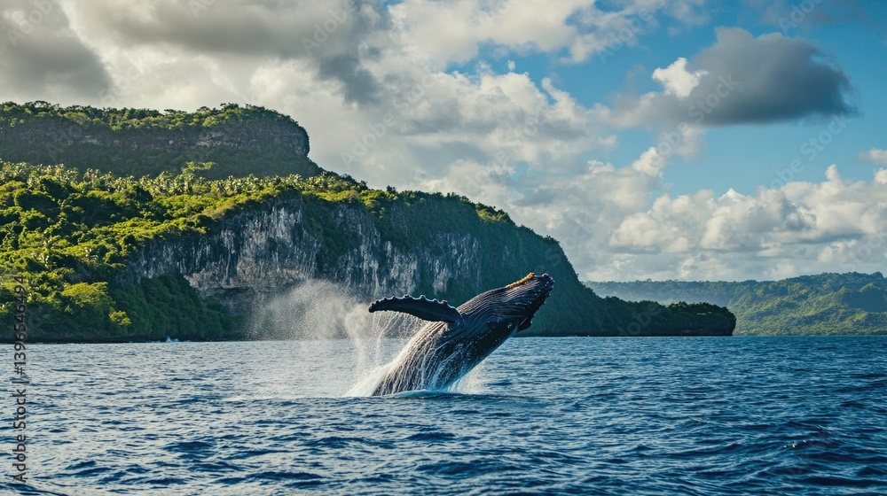 Fototapeta premium Jumping humpback whale breaching over the ocean, dramatic splash