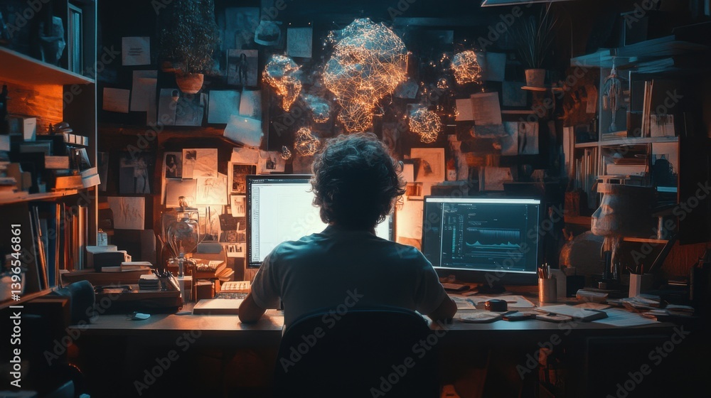 A dimly lit workspace shows a person focused on multiple computer screens, surrounded by notes and creative clutter, suggesting a busy, creative atmosphere. A dimly lit workspace shows a person focused on multiple computer screens, surrounded by notes and creative clutter, suggesting a busy, creative atmosphere.