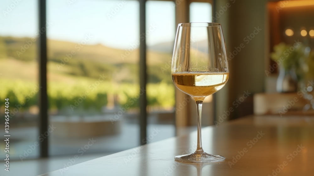A glass of white wine sits on a table, overlooking a vineyard. A glass of white wine sits on a table, overlooking a vineyard.