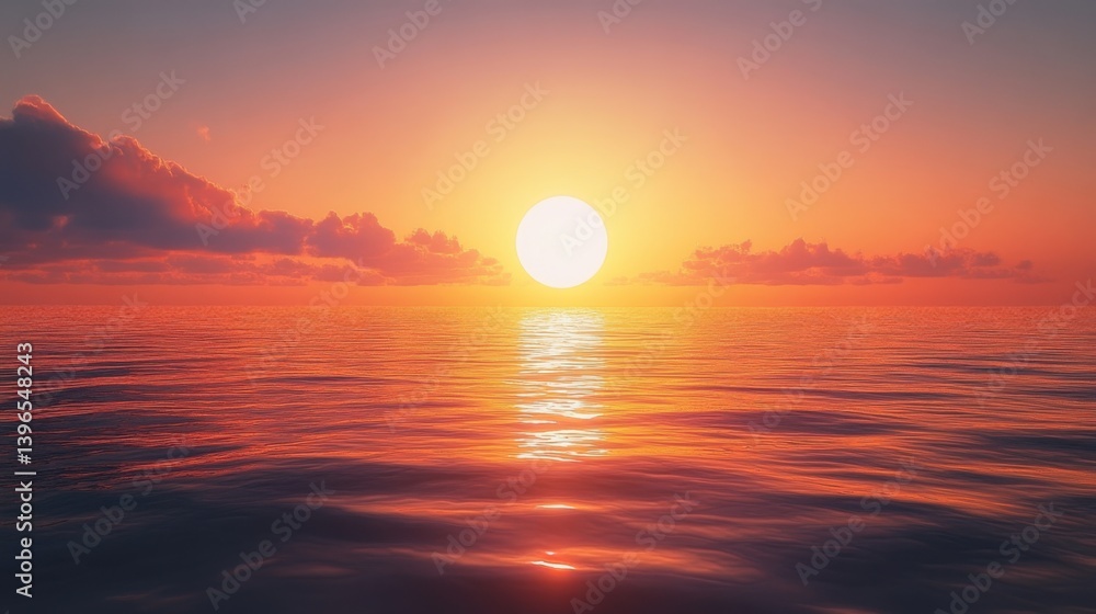 A serene sunset over calm waters, featuring a vibrant orange sky and gently rippling reflections on the ocean surface. A serene sunset over calm waters, featuring a vibrant orange sky and gently rippling reflections on the ocean surface.