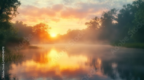 Wallpaper Mural A tranquil river scene at sunset, with mist rising, reflecting vibrant colors and surrounded by lush trees. Torontodigital.ca