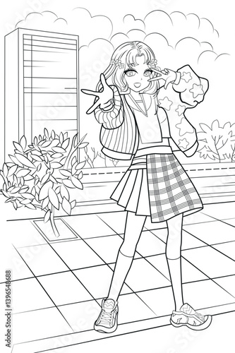 Coloring page with illustration of anime style girl with city background. Vector illustration