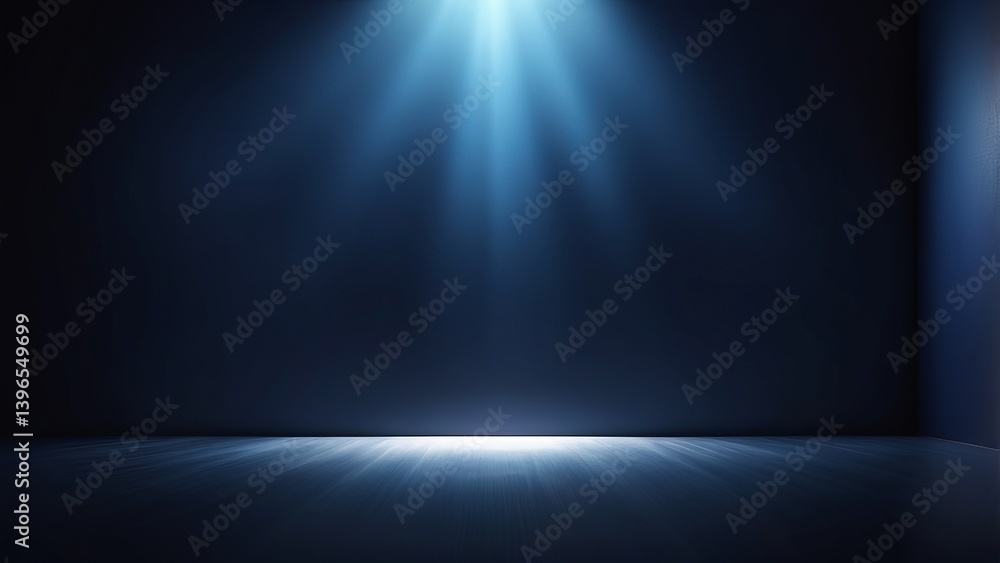 Obraz premium Blue spotlight beam in dark empty room with misty light rays