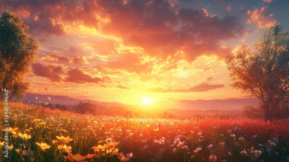 Fototapeta premium A breathtaking sunset illuminates a vibrant flower meadow, with clouds reflecting warm hues, creating a serene and picturesque landscape.