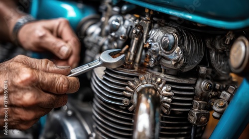 A mechanic working on a motorcycle engine using a wrench, showcasing detailed craftsmanship and the intricacies of motorcycle maintenance.