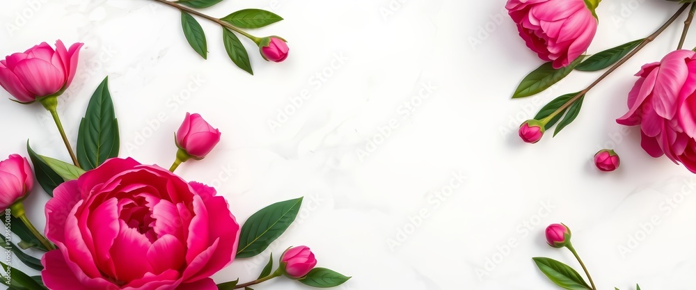 Pink peony flower frame surrounds greeting card on white marble Elegant flat lay mockup, marble, stationary Pink peony flower frame surrounds greeting card on white marble Elegant flat lay mockup, marble, stationary
