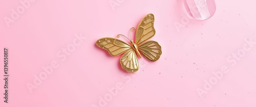 Pink pastel background with gold butterfly, glitter, and sparkles , festive, template