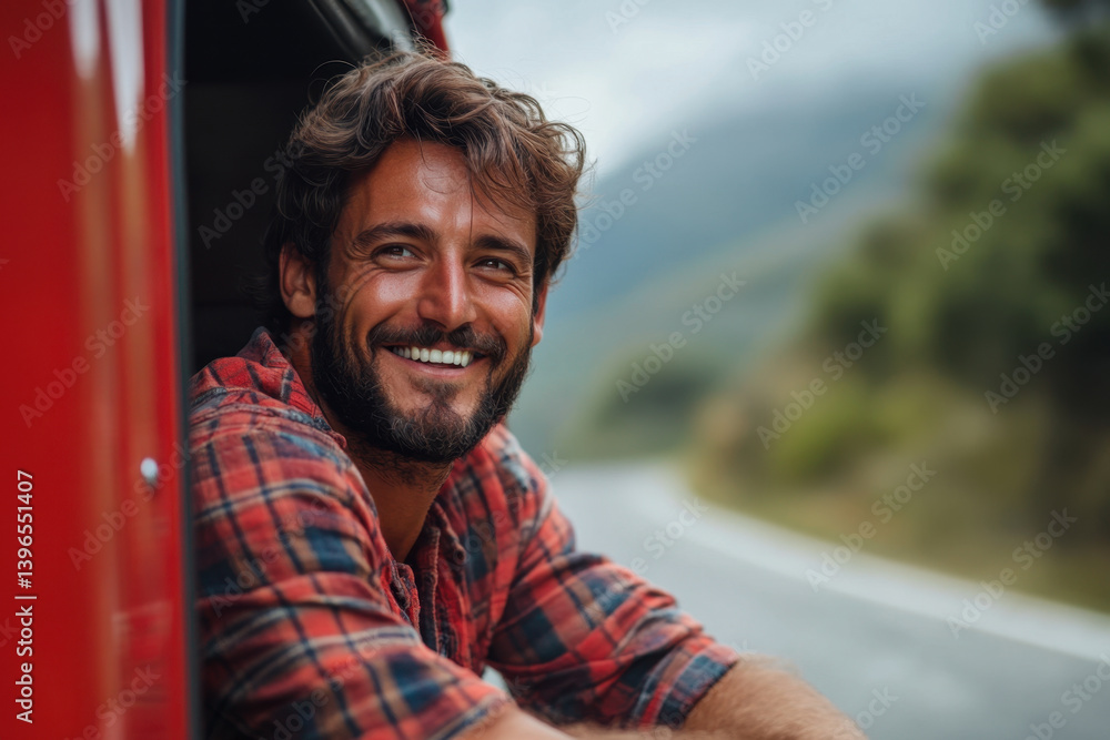Man smiles driving red truck on empty highway, under sunny sky. Man smiles driving red truck on empty highway, under sunny sky.