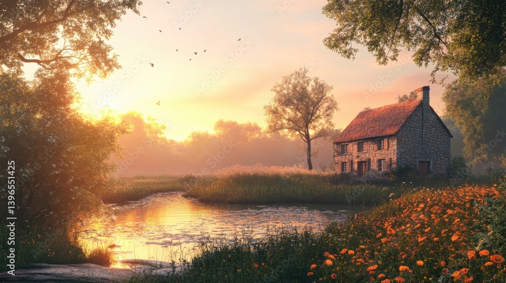 Fototapeta premium A serene landscape featuring a quaint stone cottage by a tranquil pond, surrounded by vibrant flowers and lush greenery at sunrise.