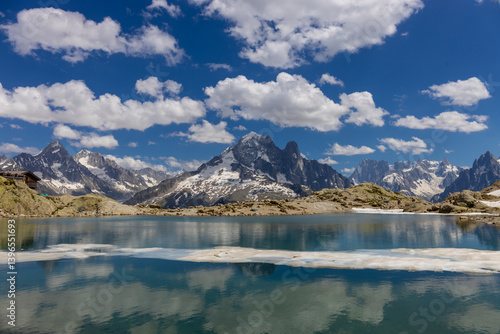 Mont Blanc, Monte Bianco mountain summit snow dome above the Chamonix valley in France. Highest peak in Europe in the Alps, alpine scenic view of Montblanc