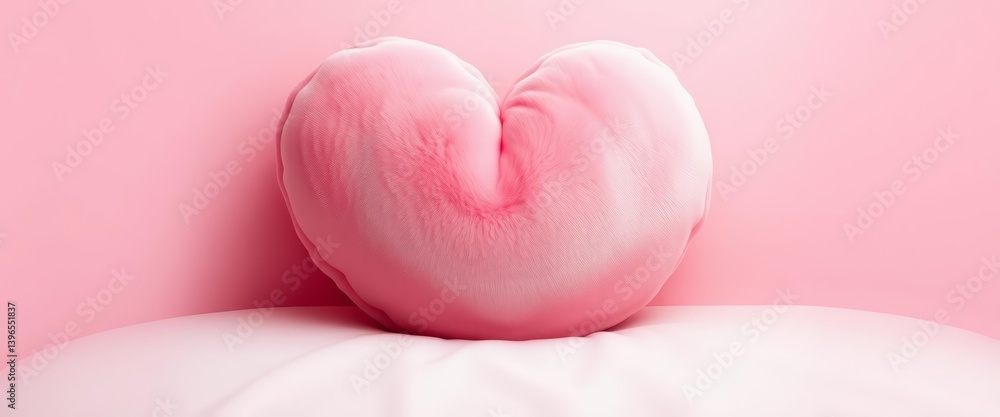 Plump heart-shaped pillow, plush texture, soft pink backdrop, bedroom, textile Plump heart-shaped pillow, plush texture, soft pink backdrop, bedroom, textile