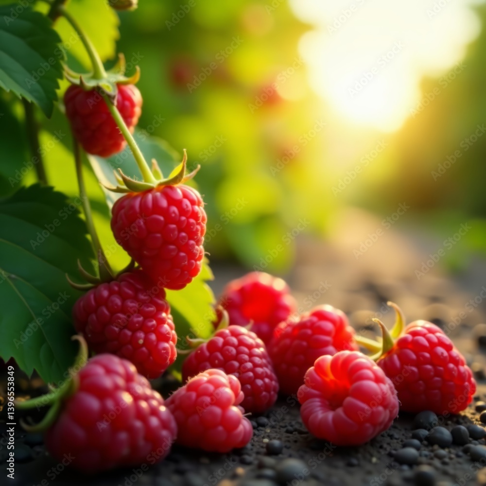 Ripe red raspberries basking in the warm sun rays on a fruitful field, healthy, agriculture, organic Ripe red raspberries basking in the warm sun rays on a fruitful field, healthy, agriculture, organic