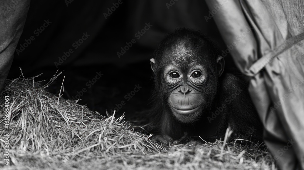 A captivating black and white portrait of a young orangutan peering from a nest of hay, its expressive eyes drawing the viewer in A captivating black and white portrait of a young orangutan peering from a nest of hay, its expressive eyes drawing the viewer in