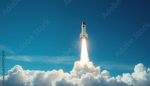 Rocket launching upwards from a chart on a cloud-filled blue sky,  background,  abstract