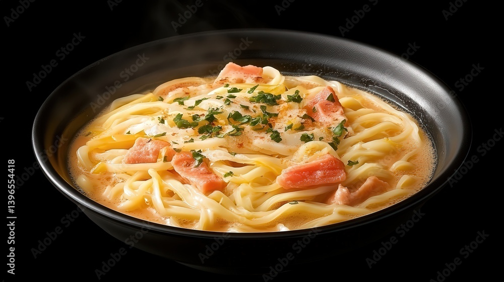 Creamy Pasta with Ham and Egg in Black Bowl Creamy Pasta with Ham and Egg in Black Bowl