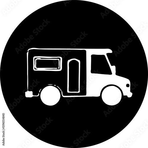 Stylized vehicle silhouette encapsulated within a dark circular monochrome graphic