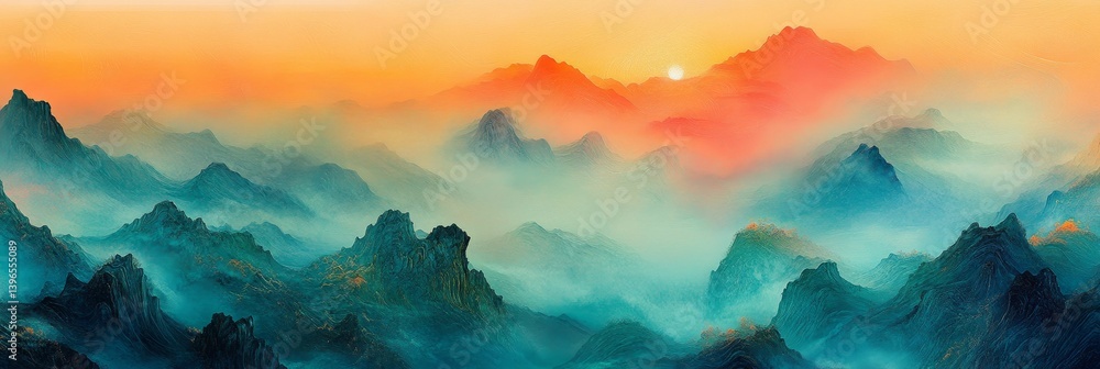Obraz premium Misty mountain range illustration with orange sky and teal peaks.