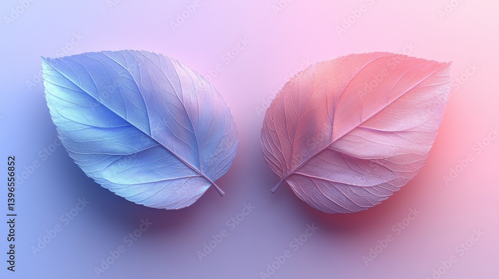 Two stylized leaves in blue and pink hues, showcasing intricate textures against a soft gradient background. Two stylized leaves in blue and pink hues, showcasing intricate textures against a soft gradient background.