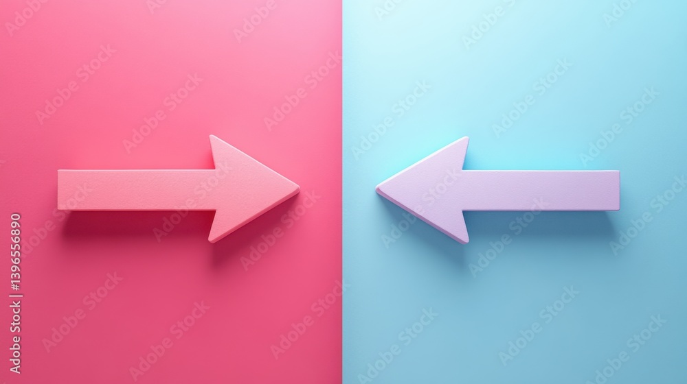 Two arrows point in opposite directions, one pink and one blue, set against a pastel background, symbolizing choice or contrasting options. Two arrows point in opposite directions, one pink and one blue, set against a pastel background, symbolizing choice or contrasting options.