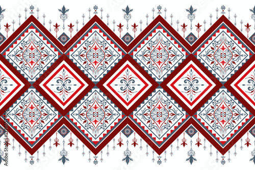 Traditional ethnic pattern with diamond motifs in Brick Red and Charcoal Grey. Ideal for fabric, tribal-inspired decor, and seamless textile designs. Clean, bold, and symmetrical.