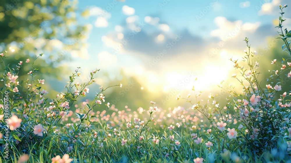 Fototapeta premium Beautiful blurred spring backdrop featuring green grass, blue sky, and white clouds, with a bokeh effect for banner design. 