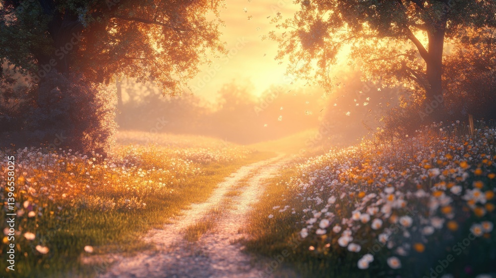 A serene pathway through a flowering meadow, illuminated by soft sunlight, creating a peaceful and enchanting natural atmosphere. A serene pathway through a flowering meadow, illuminated by soft sunlight, creating a peaceful and enchanting natural atmosphere.