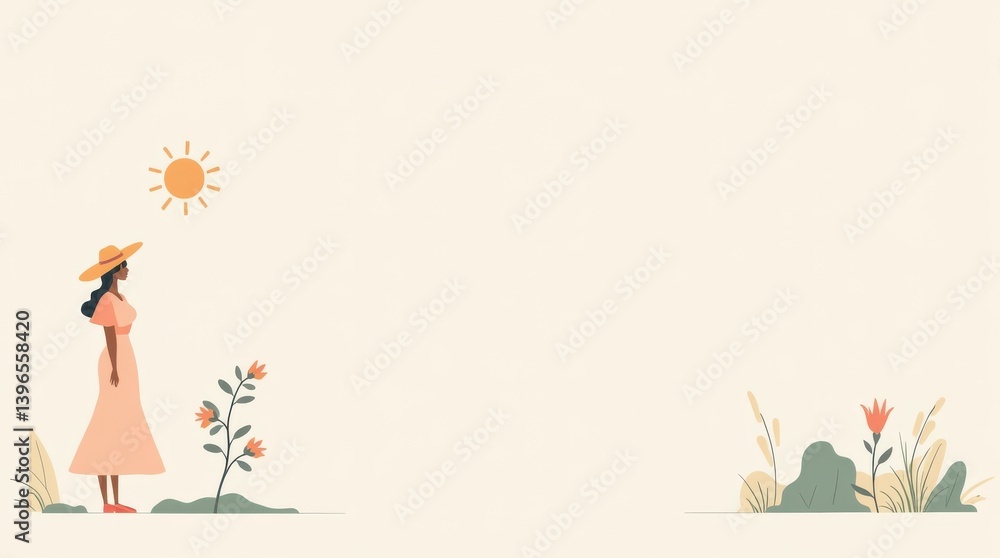 Fototapeta premium Woman standing among flowers under the sun nature scene digital illustration bright and cheerful environment