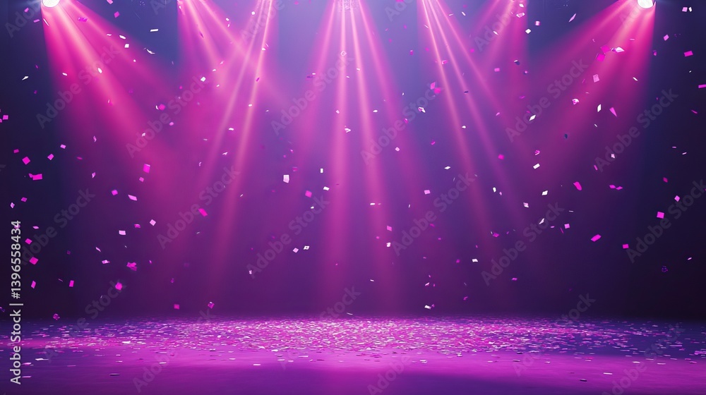Fototapeta premium Purple stage background with spotlights and confetti for party celebration and product presentation backdrop