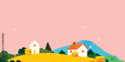 A serene illustration features charming houses perched atop rolling hills, symbolizing stability, prosperity, and the security of home ownership.