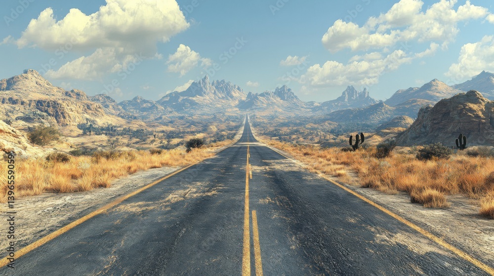 Fototapeta premium A winding road stretches through arid landscapes, flanked by mountains and sparse vegetation under a clear blue sky.