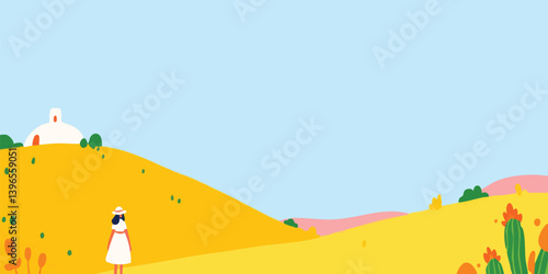 A girl in summer attire is appreciating beautiful day and scene of rural area, the artwork show a sunny landscape with whimsical buildings, vivid colors, and a cheerful atmosphere.