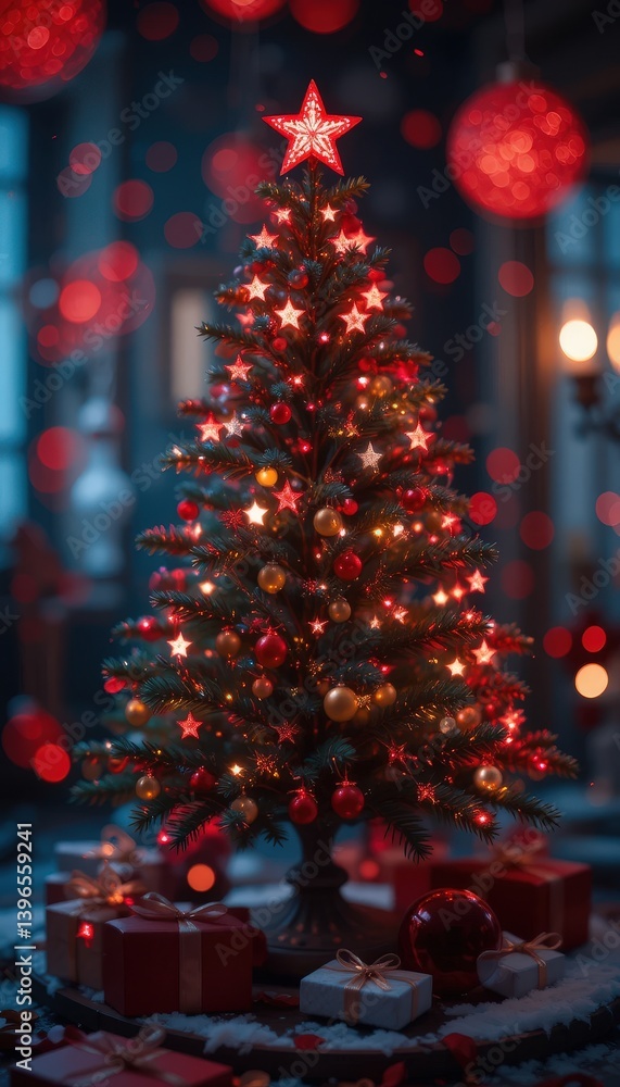 A charming small Christmas tree adorned with vibrant red and shimmering gold ornaments, twinkling fairy lights, and a delicate star on top, creating a festive holiday atmosphere. A charming small Christmas tree adorned with vibrant red and shimmering gold ornaments, twinkling fairy lights, and a delicate star on top, creating a festive holiday atmosphere.