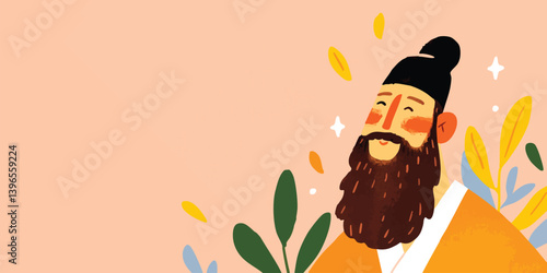 A radiant illustration depicts a wise man in traditional attire, basking in the gentle warmth of inner peace, surrounded by an environment.