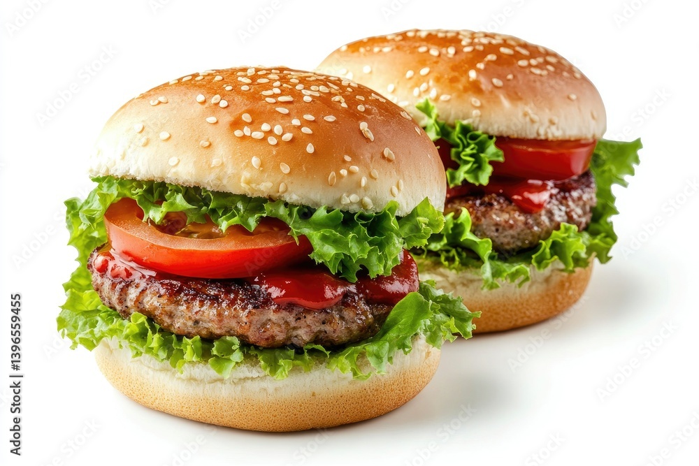 Two Juicy Burgers with Fresh Toppings on White Background Ready to Eat Two Juicy Burgers with Fresh Toppings on White Background Ready to Eat