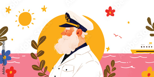 Smiling captain with white beard in profile view, wearing a captain's hat and uniform, standing in front of the sea. Summer vacation, cruise, sea travel.
