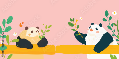 Two adorable pandas, perched on a wooden beam, joyfully nibble on fresh foliage.