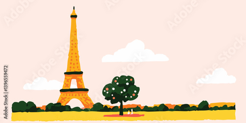 Parisian scenery, Eiffel Tower, apple tree, couple, romantic, travel, illustration, France, city, landmark, architecture, landscape, tourism, vacation, picturesque, romantic getaway, idyllic.