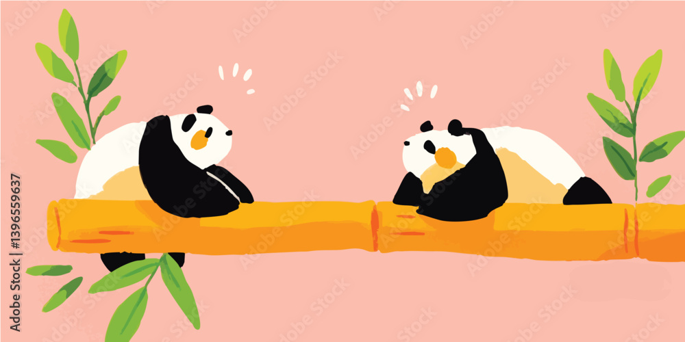 Naklejka premium Two adorable pandas relax on a bamboo branch, exuding an aura of tranquility in this vibrant illustration. A whimsical scene depicting nature and peaceful moments.