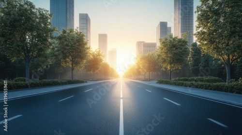 A serene urban landscape featuring a wide road lined with trees, leading toward a radiant sunrise amidst towering skyscrapers.